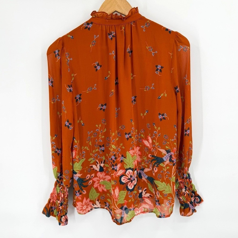 Anthropologie Womens XS Blouse Floral Chiffon Bird Print Ruffle Neck Smocked - Picture 5 of 11